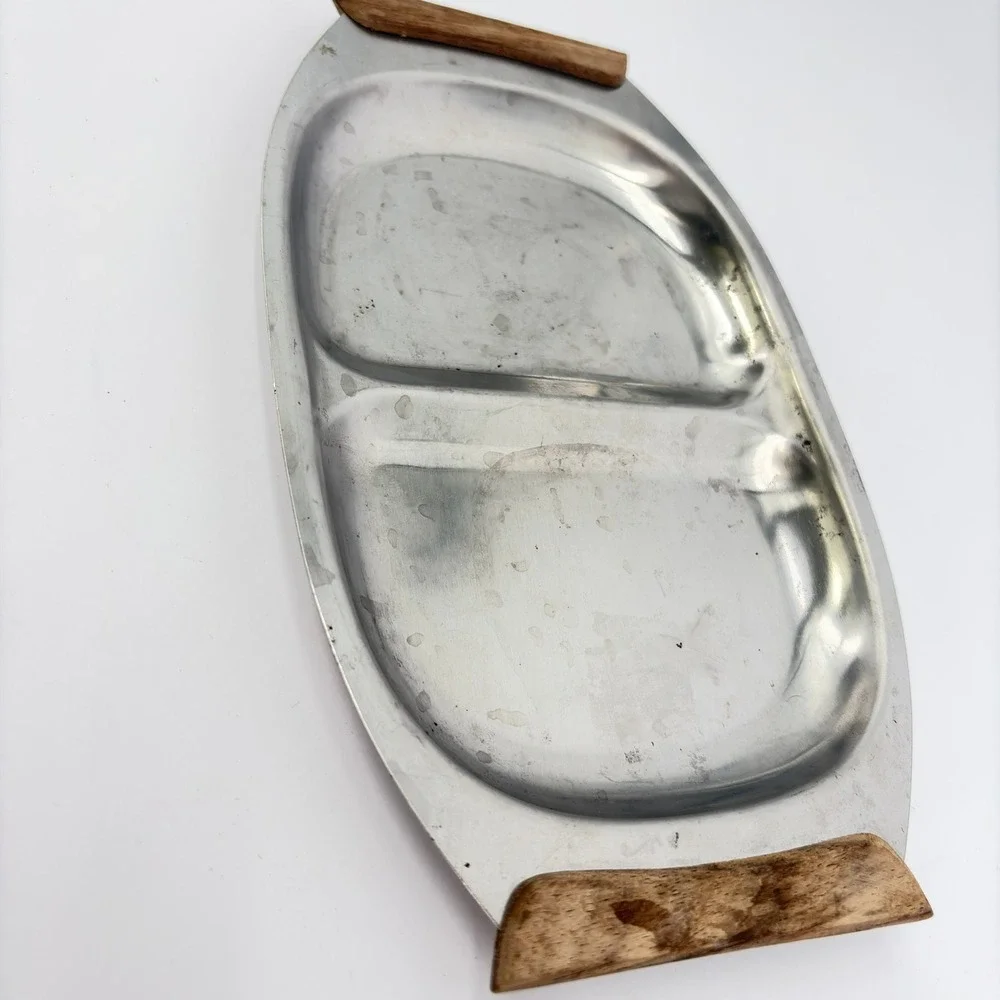 Japan Vintage Stainless Steel Divided Relish Tray Wood Handles 13 Inch MCM